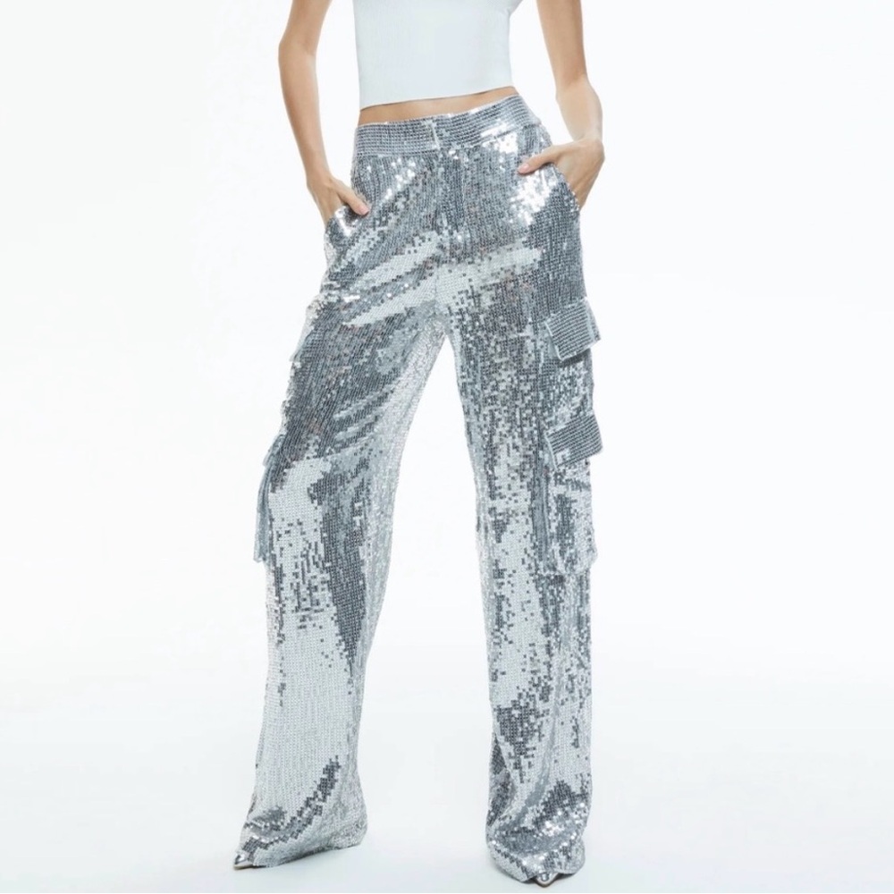 Tea & Cup Sequin Cargo Wide-Leg Pants - Silver